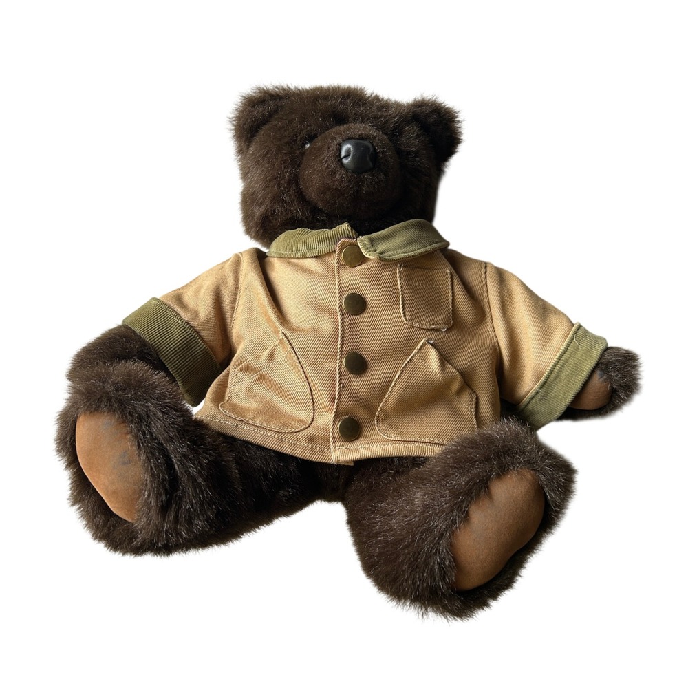 L.L. Bean Teddy Bear Plush 14" Brown Field Coat Barn Jacket Plaid Lining